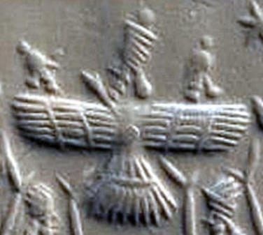 King Anu in his winged sky-disc with sons Enlil and Enki above Ninhursag and Ninurta
