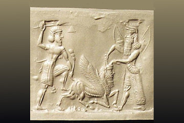Gilgamesh and Utu slay the Bull of Heaven