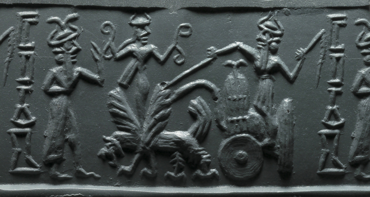 61 - unidentified god, Inanna, & Ninurta in sky-chariot with his double-headed eagle on it, & winged beast symbols