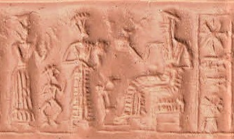 47 - another artifact with Ninsun, peewee, semi-divine descendant-king, & Nannar; these scenes from Ur were so important that these artifacts were fashioned to commemorate for all time
