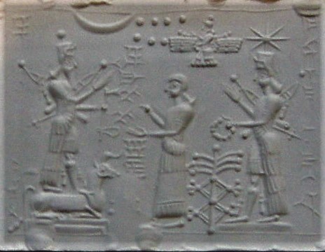 4h - Adad, Ninhursag, Inanna, & Enllil hovering above in his winged sky-disc / flying saucer; a time long ago when the gods came down to Earth