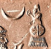 Utu and Inanna in the sky above a semi-divine king