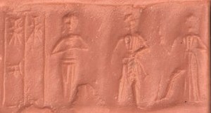 2i - ancient faded artifact of naked Goddess of Love Inanna standing with semi-divine spouse-king, & Utu with alien weapon, the 50-headed mace