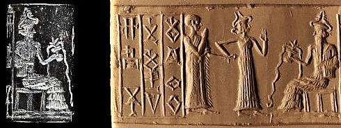 3ba - semi-divine spouse-king taken by the hand by his spouse Inanna, & Enki; Inanna drags her semi-divine spouse before Enki to curry favors from him for them 