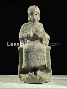 Statue of the goddess Narundi, part of the statuary ordered by king Puzur-Inshushinak of Ur-Nammu (2111-2094 BCE). The goddess wears a woollen garment, a "kaunakes",and sits on a lion-throne. See 08021226,27 Limestone, 109 cm, Sb 54