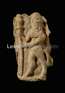 Terracotta plaque showing a bull-man holding a post, Mesopotamian, Old Babylonian, 2.000-1.600 BCE. The relief shows a creature with head and torso of a human but lower body and legs of a bull. He may be supporting a divine emblem and this acting as a protective deity. Baked clay tablets were mass-produced using moulds in southern Mesopotamia from the second millenium BCE. ANE 103225