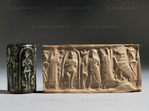 Cylinder seal and imprint, period of the Assyrian merchant settlements in Cappadocia, 19th-18th BCE. The naked goddess under her arcade, surrounded by guardians and mythological animals. Serpentine, H: 4, 1 cm AO 22420