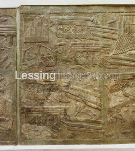 Island of Arvad (today Tyre), top right, on the Lebanese coast. Cedar wood transport for the building of a palace. Bas-relief from the Palace of King Sargon in Khorsbad, Mesopotamia (Iraq). Center panel, for continuation see 08-02-16/18,20 Gypseous alabaster.
