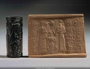 Cylinder seal and imprint, Kassite, 16th-12th BCE. Ritual scene with a female deity holding her breasts. Haematite, H: 3,4 cm AO 2103 (604)