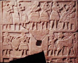 XIR188782 Votive plaque depicting an offering scene, from Diyala, Early Dynastic Period, 2600-2500 BC (stone) by Mesopotamian stone Iraq Museum, Baghdad Giraudon out of copyright