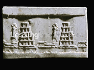 Imprint of a cylindrical seal showing a ziggurat and a priest or god. From Babylon.
