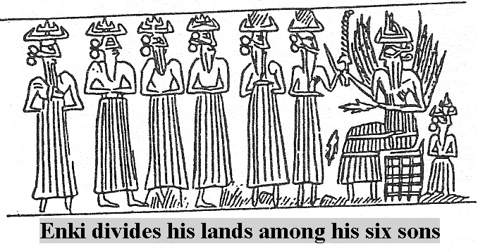 3 - Enki with 6 sons, Ninagal, Dumuzi, Gibil, Ningishzidda, Nergal, & Marduk, Enki & 300 Anunnaki were given the most burdensome work, the digging  & mining of minerals needed back home, the establishing of a way-station on Mars, the experiments needed done on the South Pole, establishing the Abzu, etc.,etc, while Enlil's family had it much easier, farming Eden, raising sheep & cattle, growing grains, making clothes, etc., etc.