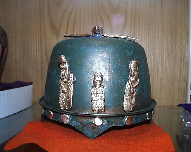 10 - Royal Ur War Helmet, with images of Nannar, Ningal seated, & unidentified goddess on the front, the idea of war comes to us earthlings from the giant alien gods with their customs, they unified their planet by continuous wars under a one world order - kingship of the entire planet Nibiru, Anu was that king, his sons came down from Heaven to Earth, & brought with them their customary way of doing things, war is the Anunnaki way, taught to mankind on Earth Colony