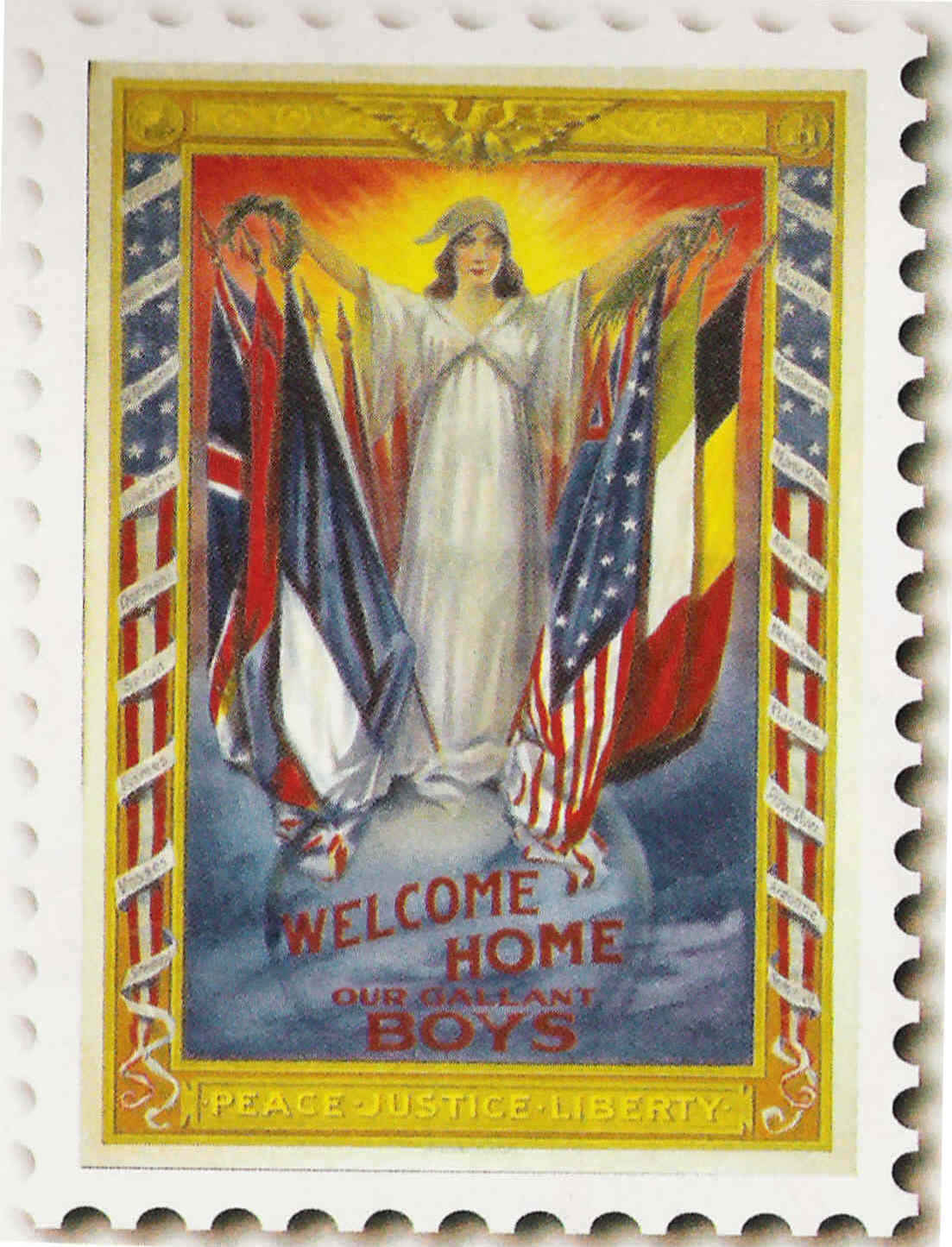 10g - giant alien goddess Columbia "Welcome home our gallant boys", Peace, Justice, Liberty