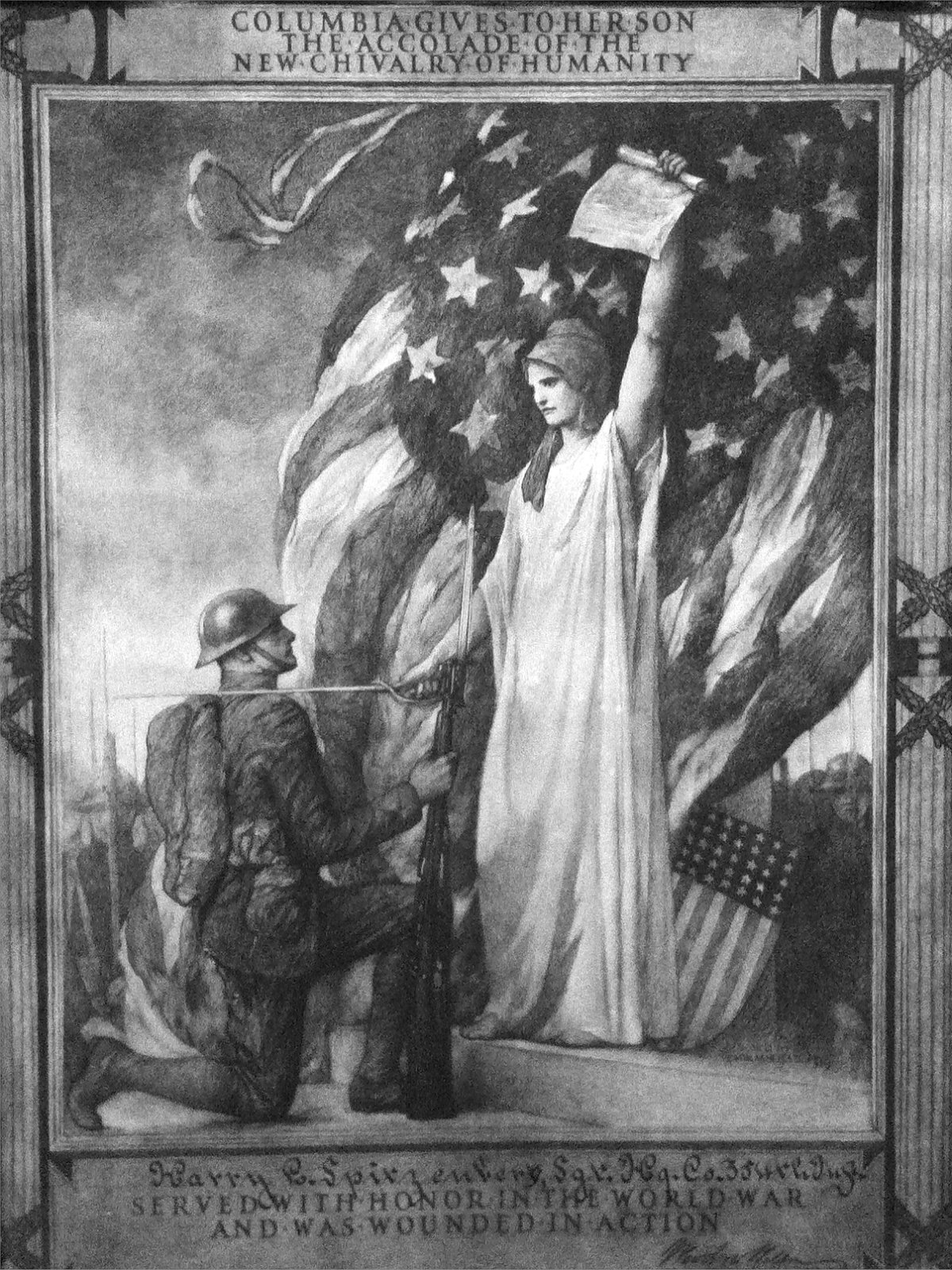 11 - "Columbia gives to her son the accolade of the chilvary of humanity", "Served with honor in the World War and was wounded in action"