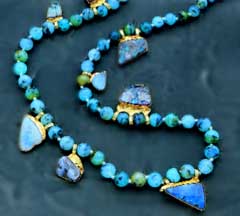 13a - lapis-lazuli necklace, valuable artifacts from Ur, lapis-lazuli was the Goddess of Love Inanna's favorite stone, Marduk built an entire entranceway for her in Babylon entirely made of this beautiful blue-hued stone, the wall is preserved in a museum