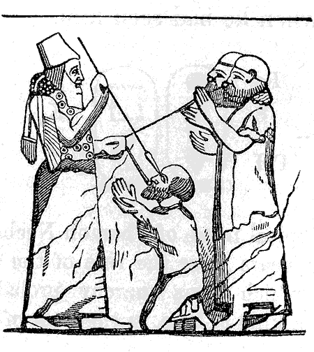 19a - Assyrian artifact of Assyrians blinding enemies, & torture, artifacts like this that do not involve giant alien gods, are made available in musuems for the public's view, the controvercial artifacts are usually hidden away for only the elite acadimic eyes to see, some groups want them hidden away, others want them set aside as myths, but Radical Islam wants them all destroyed, fearing knowledge of them would destroy the Islamic power brokers' hold over its followers