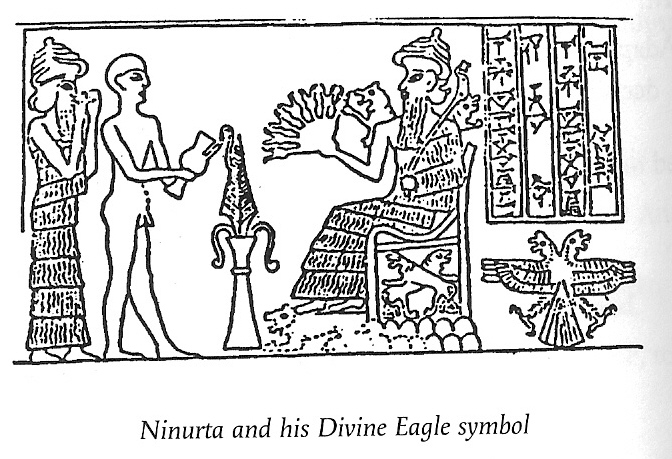 1a - Ninurta's double-seed, or double-headed eagle symbol, today is oldest crest on Earth; Ningishzidda, mixed-breed earthling, & Ninurta in Mesopotamia with his 50-headed mace alien weapon