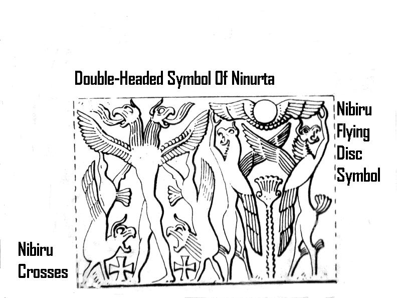 1f - Ninurta's symbol & flying disc symbol of planet Nibiru, when the alien sons of god(s) came down from Heaven & walked, talked, & ate with mixed-breed modern mankind on Earth Colony