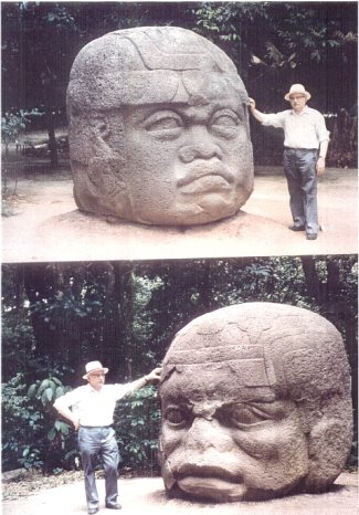 2 - Zecharia Sitchin with Ancient Olmec heads, Olmec's are black Africans shipped to the Yucatan by Ningishzidda, 1st humans to inhabit So. America as dislpayed by Sitchin in Mexico City Museum