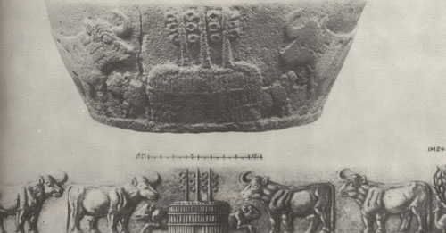 27 - basin-shaped vessel depicting cows from Nannar's cattle pens in his great metropolis of Ur, a temple building with communication antennas on top, technologies of the giant alien gods long ago