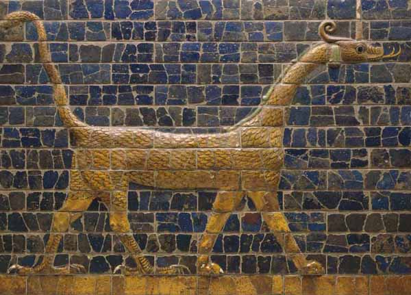 3da - Marduk's animal symbol on beautiful lapis-lazuli Babylonian wall, Marduk could not smooze Enlil's clan into acceptance of his move for dominance, his grand city became a target for Enlil & his descendants