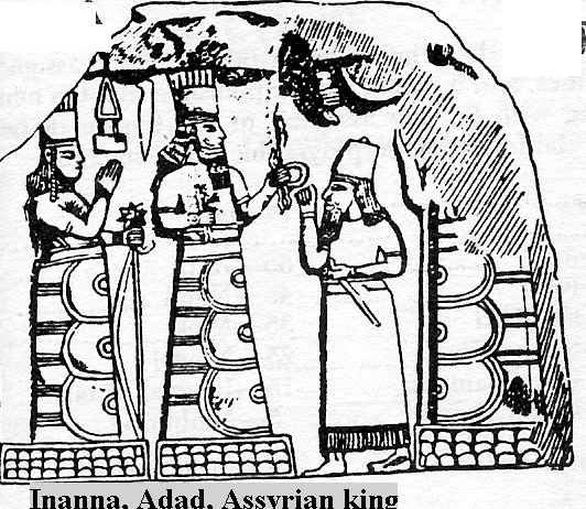 4 - Assyrian artifact of Inanna, Adad, & an unidentified giant mixed-breed king, these Mesopotamian artifacts & texts directly contradict religious teachings of today, the idea of one god came from the ancient knowledge of many gods, when the patron god of a certain group of earthlings became the one allmighty god, branding all the others as false gods, EX: Marduk was the one god, Nabu was the one god, Utu was the one god, & so on, including today