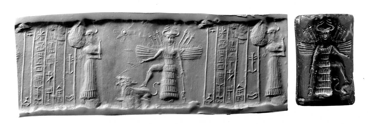 5 - Assur cylinder seal artefact of the goddess Inanna, with her foot upon her zodiac sign Leo the lion, & her assistant goddess Ninshubur, artefacts of the gods are shamefully being destroyed by Radical Islam, attempting to keep Muslims from true ancient historical knowledge that directly contradicts their belief system