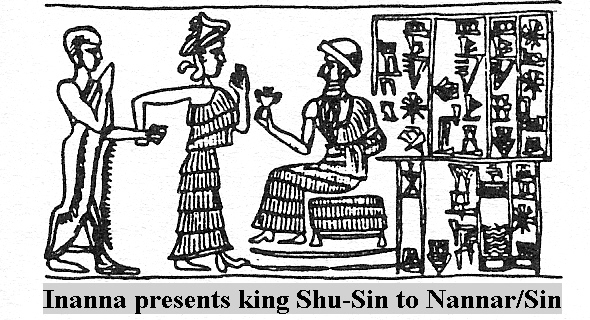 5 - Goddess of Love Inanna presents spouse-king giant Shu-Sin to her father Nannar 1,972 B.C., Inanna espouses mixed-breed Shu-Suen, the son to Ninsun, & brings him to her father Nannar, she later had a son named Shara / Roman god Cupid with this king, Shara / Cupid was treated more like a god than a giant mixed-breed