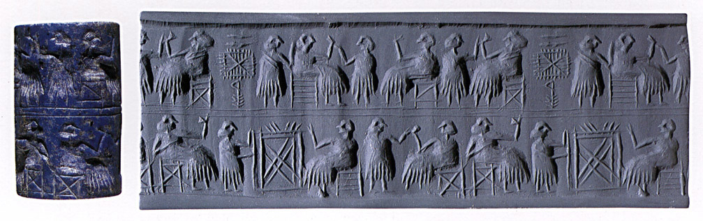 5 - Lagash cylinder seal, early queen with her spouse, at times in Mesopotamian history, there were queens holding power over all, lots of work was needed to be done, both in the land of Eden - Mesopotamia & in the gold mines of SO. Africa