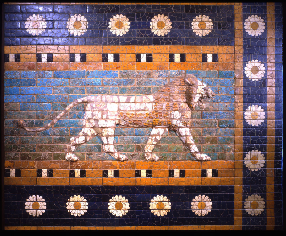 7b - Marduk had built this beautiful mozaic of a striding lion on his Babylonian wall, the lion represents Inanna's zodiac constellation of Leo, a period of time clocked by the gods, when Inanna claimed dominance over the gods & kings, Inanna is depicted standing upon a lion in hundreds of Mesopotamian artefacts, SEE INANNA