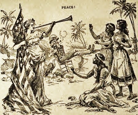 9c - 1898 newspaper cartoon, Uncle Sam watches as the Goddess of Liberty heralds freedom for Cuba, Puerto..., alien giant Inanna all throughout history determining civilizations, governments, & religions