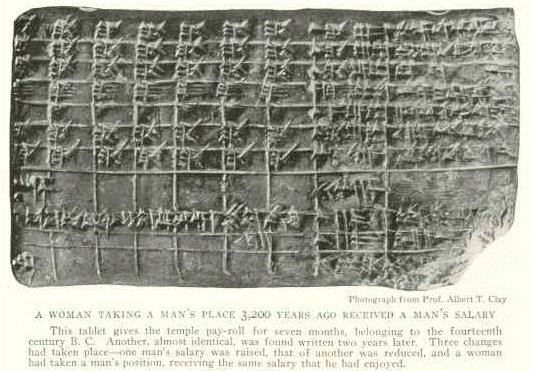 Sumerian pay-roll, equal pay for women doing a man's work, book-keeping records of transactions in Ur