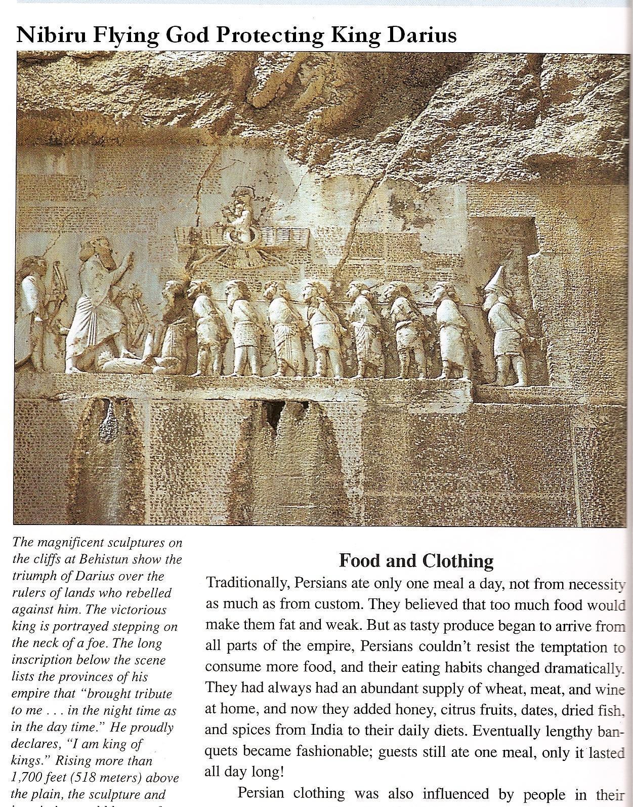 giant alien god Ashur protects his giant mixed-breed made king, Darius, Ashur in his flying disc above his king, kingship already established in heaven, was brought to Earth and given to earthling mixed-breeds, who were protected by their bloodline ancestor alien gods, a perfect go-between for the gods & earthlings