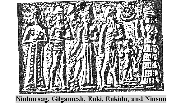 6c - Ninhursag, Gilgamesh, Enki, 12-pointed star symbol of Nibiru Enkidu, and Ninsun