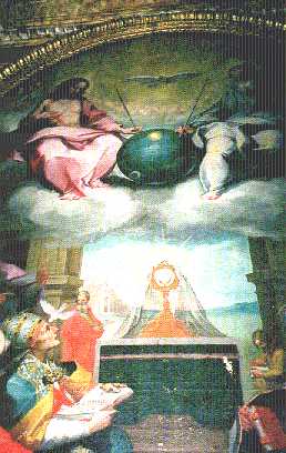 9b - Bonaventura Salimbeni 1,600 A.D. painting artefact of the Glorification of the Eucharist, Christian Painting in the 1600s with an Earth satellite in God's hands