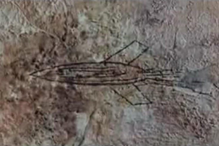 1k - ancient cave painting of a sky-rocket being propelled through the air with exhaust & wings, artefact found in Japan, these depictions of the chariots of the gods have been discovered all over the world