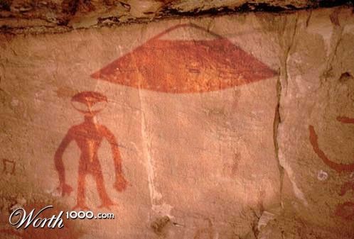 1h - ancient cave painting of a UFO & an an alien being upon the Earth, there are hundreds of such cave paintings all over the world