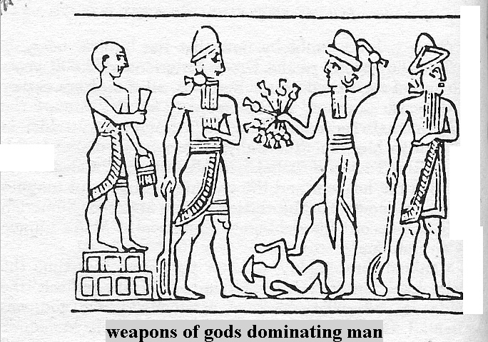 7g - high-priest of Ur, Nannar, the patron god of Ur, Ninurta with alien high-tech weaponry, standing upon a much smaller earthling, & their father Enlil, the Earth Colony Commander, high-priest was a position of authority over other earthlings, created for alien-earthling mixed offspring, like the extended years of living for Biblical Abraham 20 generations of his previous ancesters