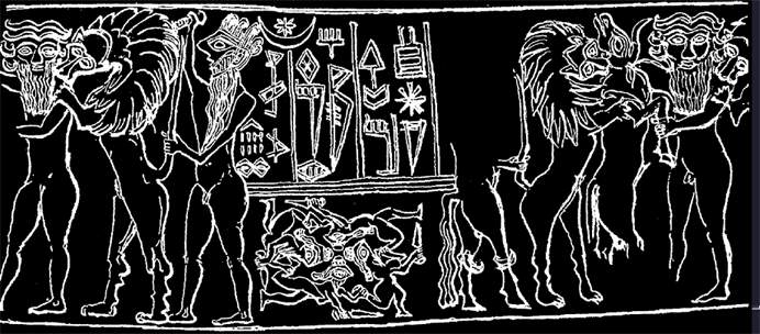non-modified earthling, wild beast, & early "modern man" with a knife to the beast, ancient Mesopotamian artefact depicting the knowledge that all three  creatures existed on Earth at the same time