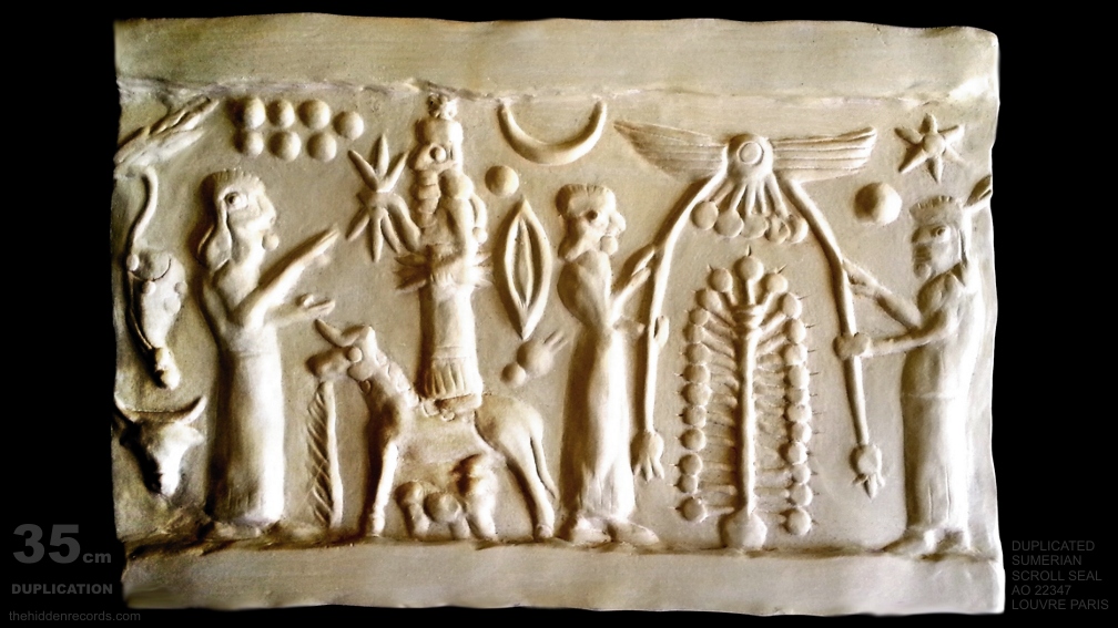 21 - Enlil, Adad, Nannar, Nibiru, Tree of Life, & Nabu symbols; Ninhursag, Adad, & two unidentified gods by Tree of Life