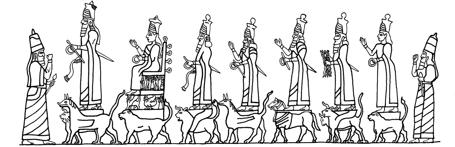 27 - Enlil welcomes atop animal symbols Anu, Bau, Ninurta, Marduk, Nannar, Adad, & Shala to Earth with Enki