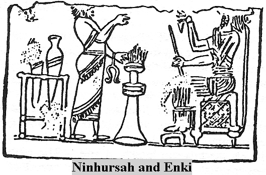 6 - Ninhursag & Enki in the Lab, hanging from a wrist is the divine Umbilical Chord Cutter symbol of Ninhursag, the "birth mother" of the gods