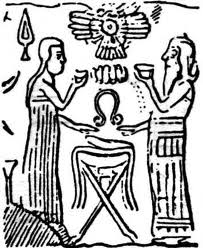 7 - Ninhursag & Enki in lab, both holding the divine Umbilical Chord Cutter, Ninhursag's symbol of being the "birth mother" of many gods & goddesses