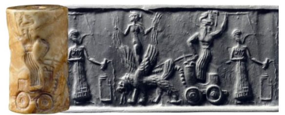 7 - elevated Goddess of Love Inanna, & Ninurta with chariot powered by flying beast spitting projectiles - his weaponized sky-disc