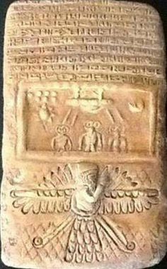 9a -  King Anu inside his winged sky-disc / flying saucer, & their helper Grey aliens looking on; earthlings are far from being alone in ancient days