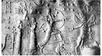 10c Enlil & Ninhursag, King Anu above inside his winged sky-disc, / flying saucer, Ninurta riding his winged beast (disc) attacking Anzu; ancient scene from "Myth of Anzu" Text; alien gods battle in the skies over Earth