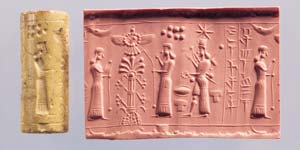 10i -  Ninhursag, King Anu above inside his winged sky-disc / flying saucer, Ningal, & Inanna; ancient scene depicting many alien technologies not seen before on Earth