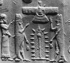 10e - Ninhursag, Enki in wet suit, King Anu above inside his winged sky-disc / flying saucer, & Abgal wearing his Fish's Suit, plus the  Tree of Life; ancient scene with Abgal & Enki in alien wet suit worn while swimming to shore in today's Iraq