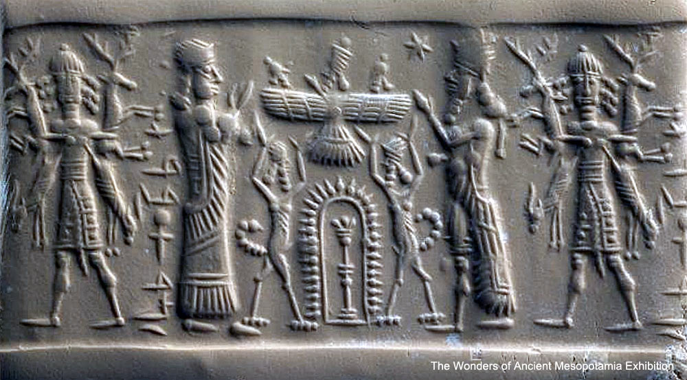 11c - semi-divine giant king, Ninhursag with (3) Enlil, King Anu, & Enki hovering  inside their winged sky-disc / flying saucer, & Ninurta; the top 5 members of the Royal Family from Nibiru
